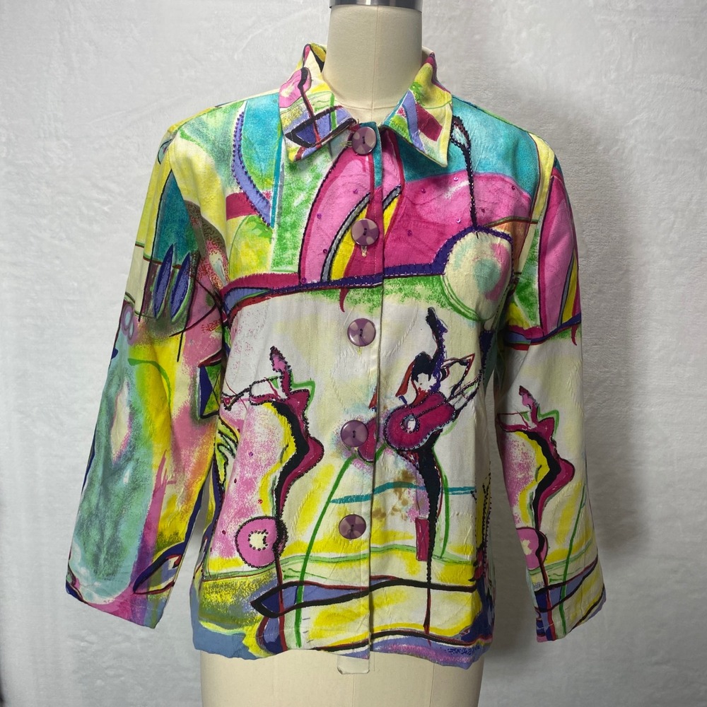 Life Style LP Unique Pink Abstract Art Print Beaded Button Jacket Women's Top‎